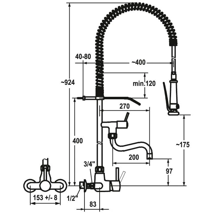 KWC Gastro Einhebel Spültisch-Wandbatterie mit Profi-Geschirrbrause für die Profiküche, Ausladung 20 cm Bild 2