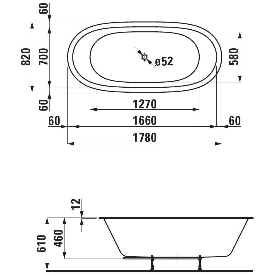Rysunek techniczny wanny z wymiarami, Laufen