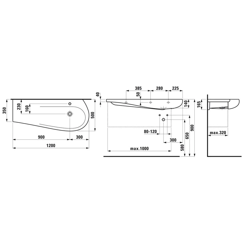Rysunek techniczny umywalki z wymiarami, Laufen