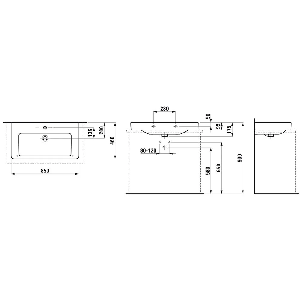 Rysunek techniczny umywalki nablatowej 85 cm, Laufen