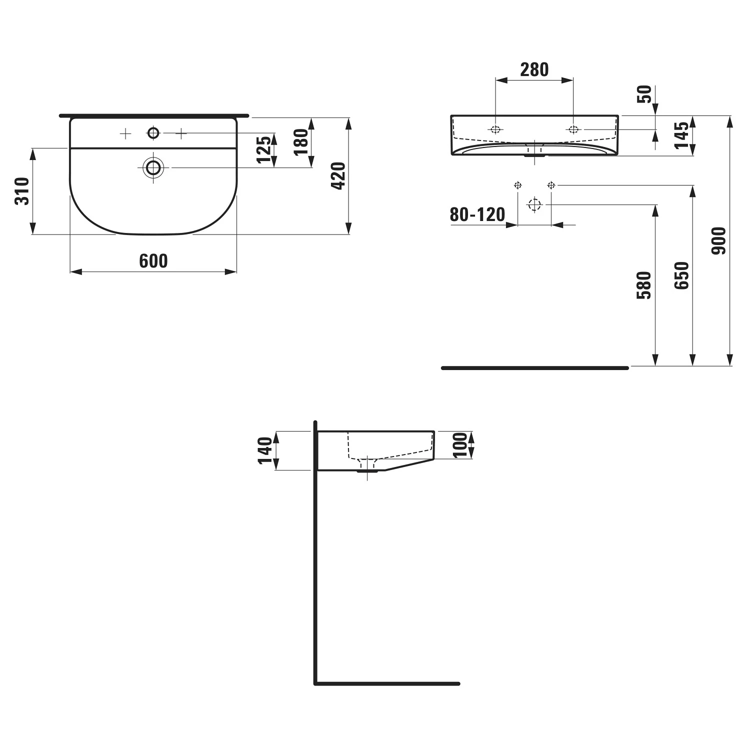 Rysunek techniczny umywalki podwieszanej 60 cm, Laufen