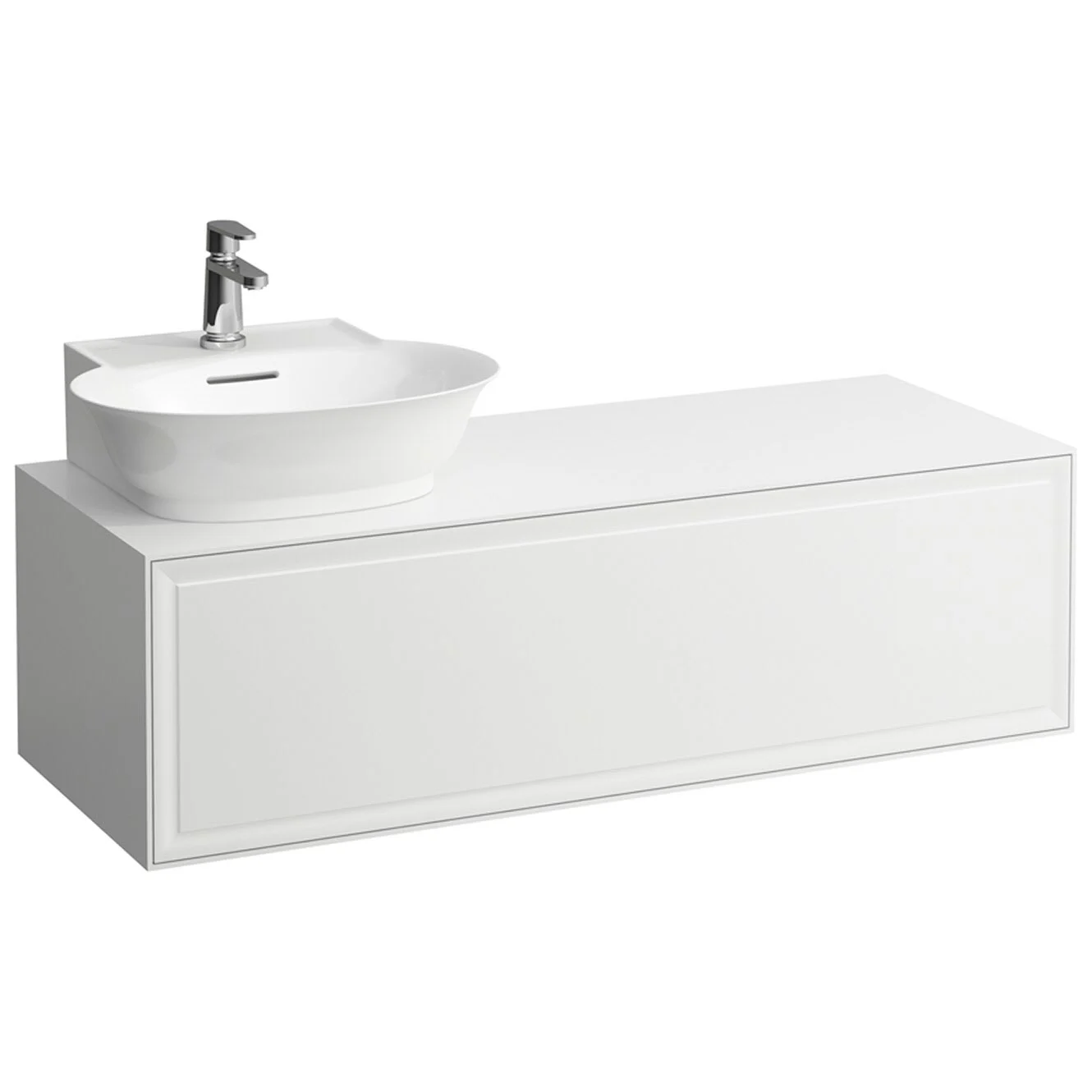Biała umywalka na szerokiej szafce z baterią, Laufen
