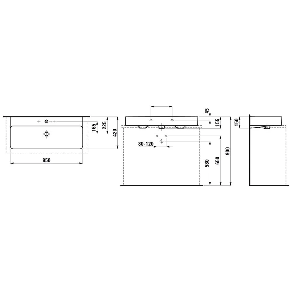 Rysunek techniczny umywalki nablatowej 95 cm, Laufen