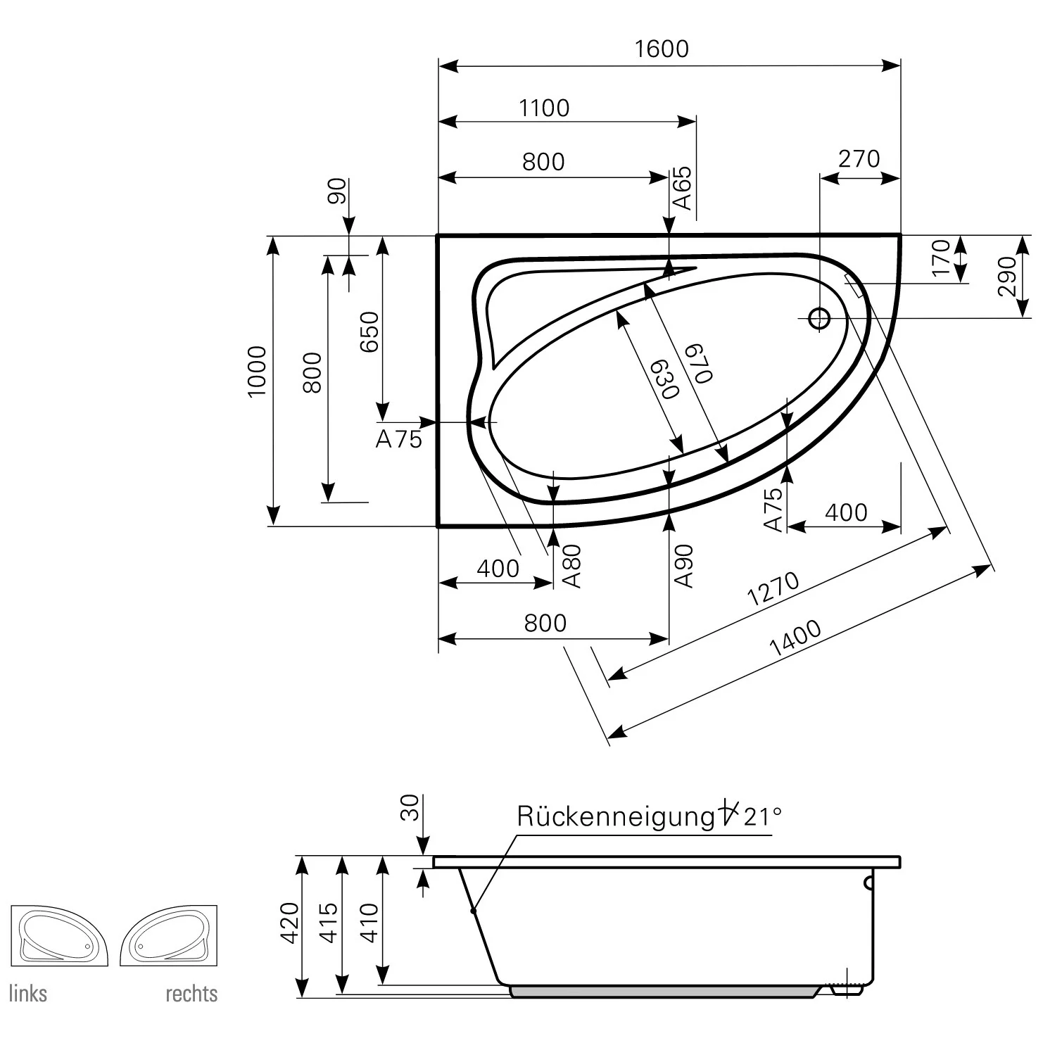 Mauersberger Eck-Badewanne Aspera 160 x 100 cm Ausführung links Bild 3