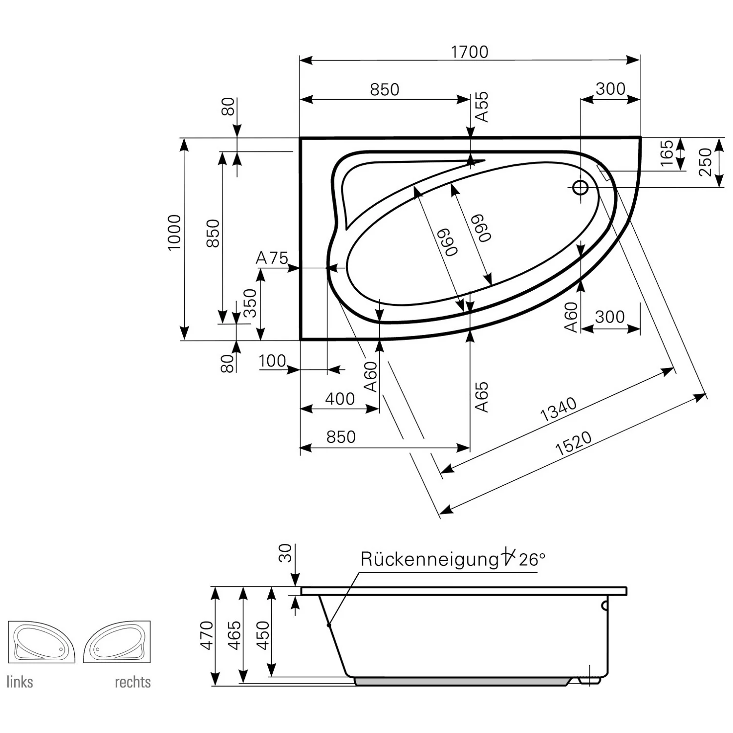 Mauersberger Eck-Badewanne Aspera 170 x 100 cm Ausführung links Bild 3