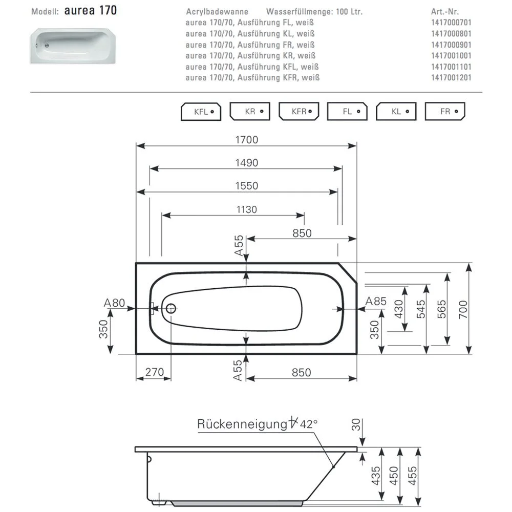 Mauersberger Raumsparbadewanne Aurea 170 Abgeschrägte Ecke Kopfende rechts Bild 2