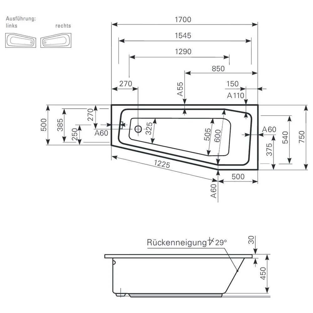 Mauersberger Raumsparbadewanne globosa 170/75 links Bild 2