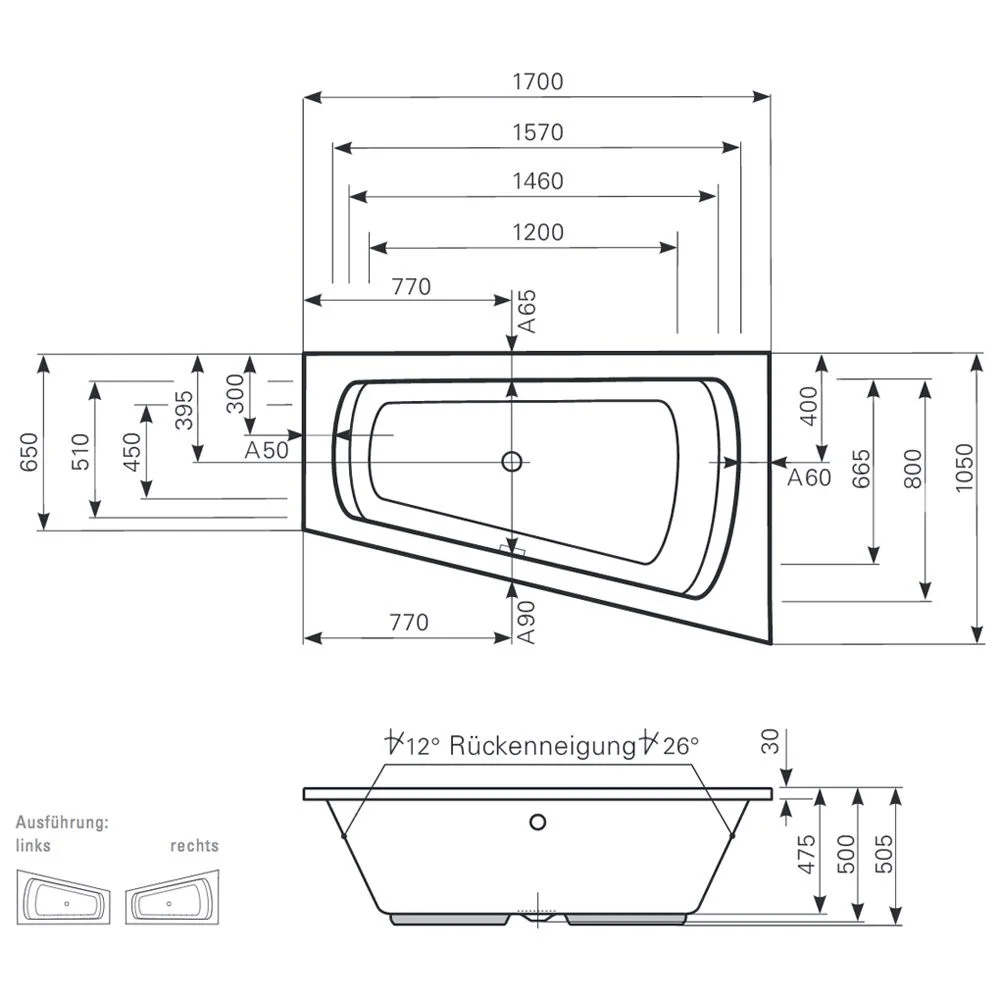 Mauersberger Raumsparbadewanne Senecio 170 links Bild 2