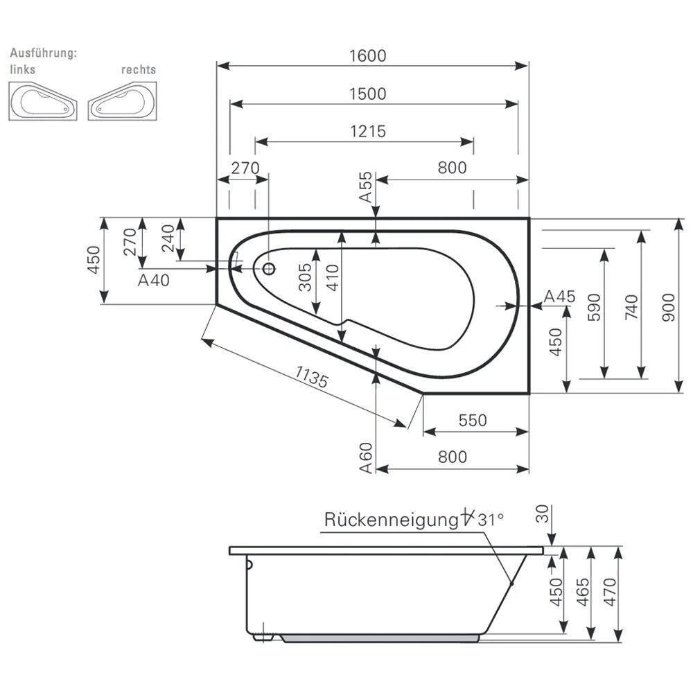 Mauersberger Raumsparbadewanne Stricta 160 links Bild 2