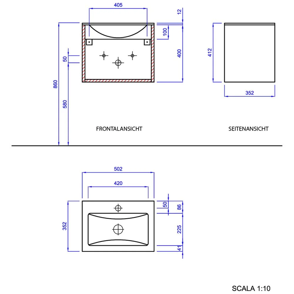Rysunek techniczny szklanego umywalki z wymiarami, Progettobagno