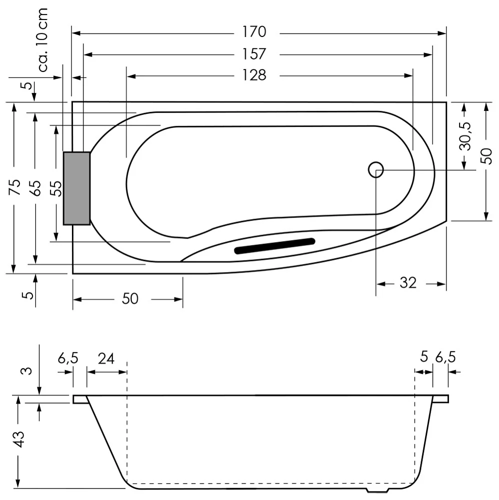Repabad Kampen Raumspar-Badewanne 170 x 75 cm, Ausführung rechts Bild 3