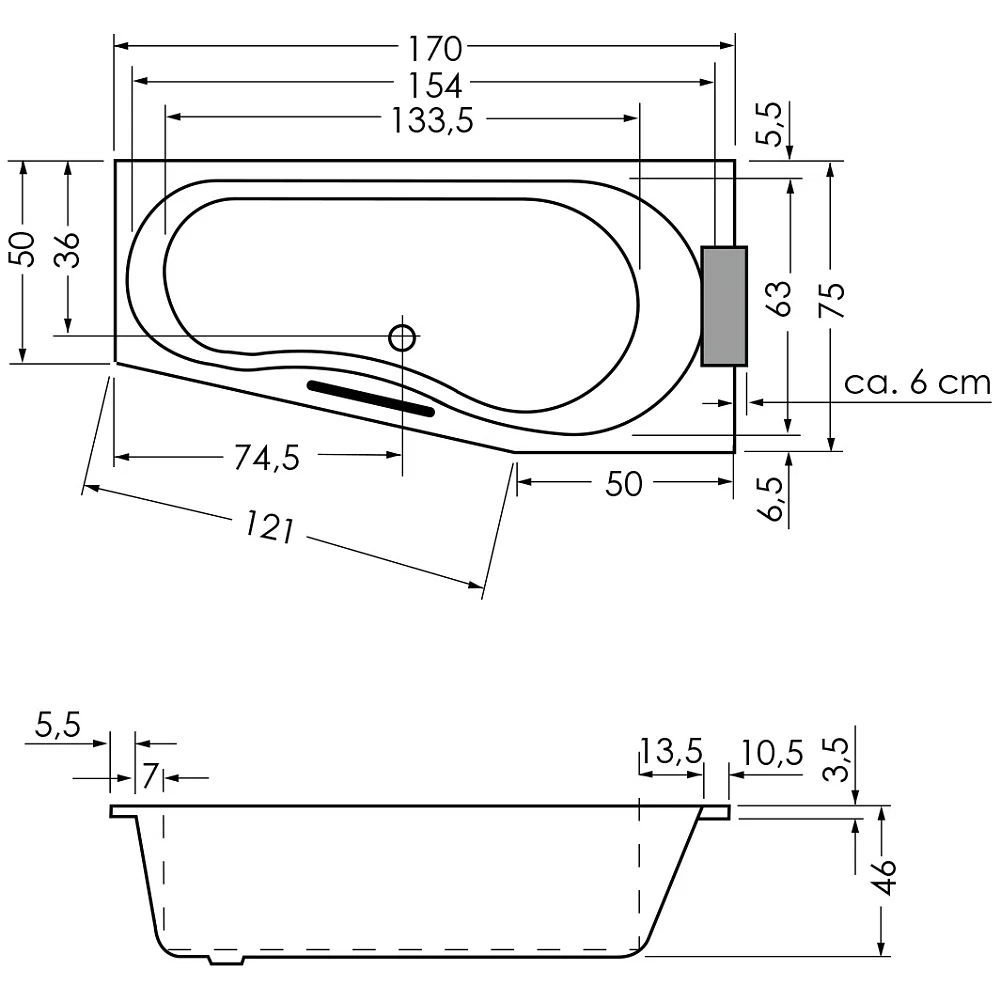 Rysunek techniczny wanny z wymiarami, Repabad