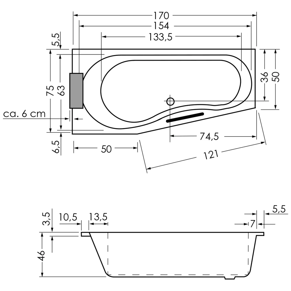 Repabad Tika Raumspar-Badewanne 170 x 75 cm, Ausführung rechts Bild 2