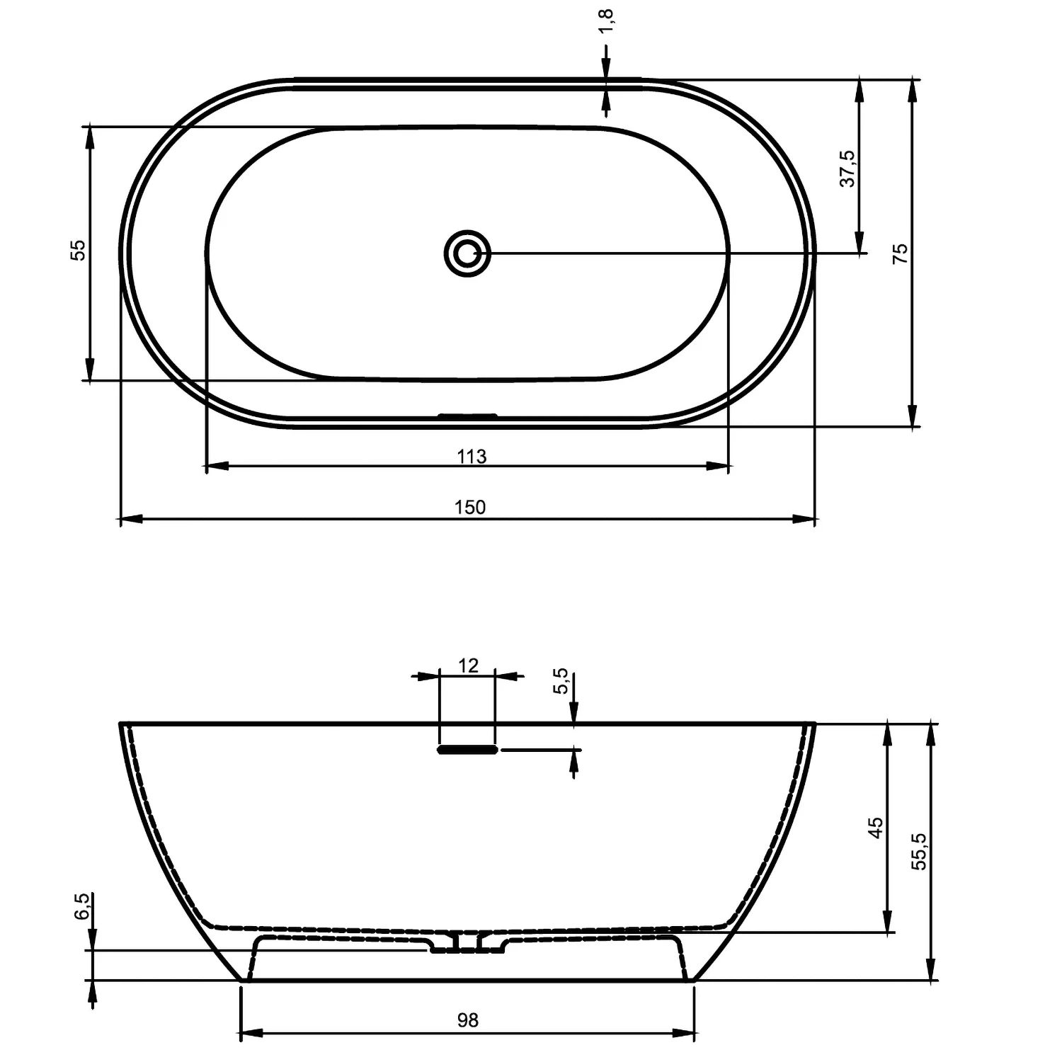 Riho Bilbao freistehende Badewanne 150 x 75 cm Bild 5