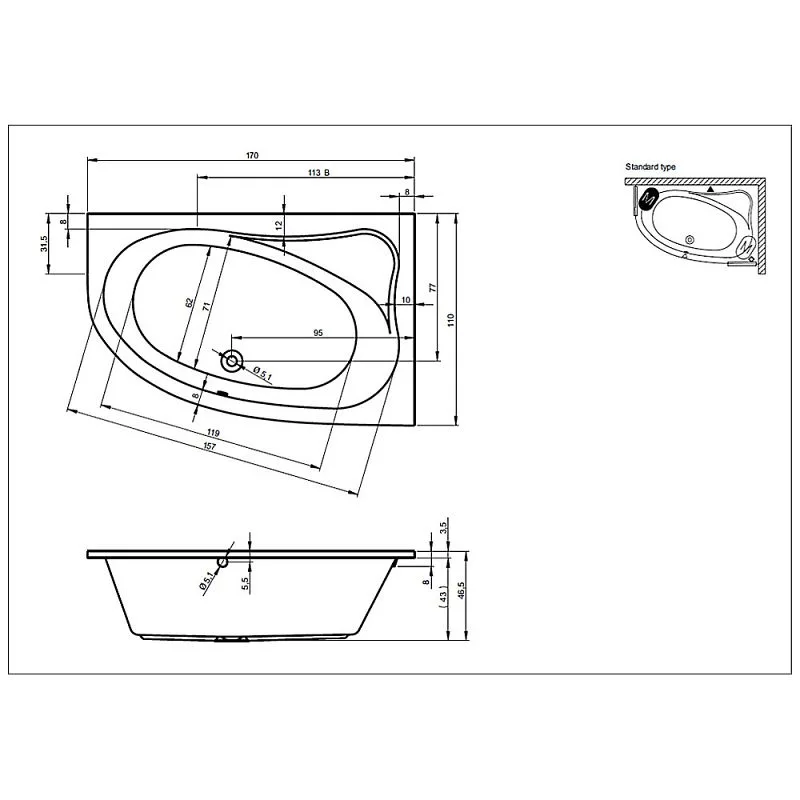 Riho Aryl Raumspar-Badewanne 170 x 110 cm links für Eckeinbau Bild 3