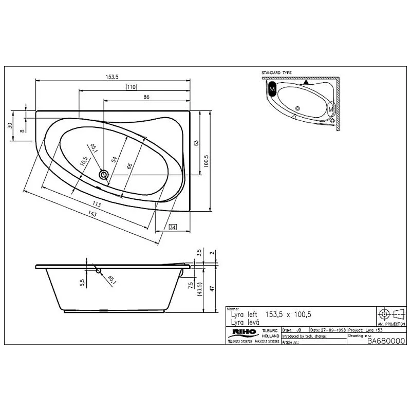 Riho Aryl Raumspar-Badewanne 153,5 x 100,5 cm links für Eckeinbau Bild 3