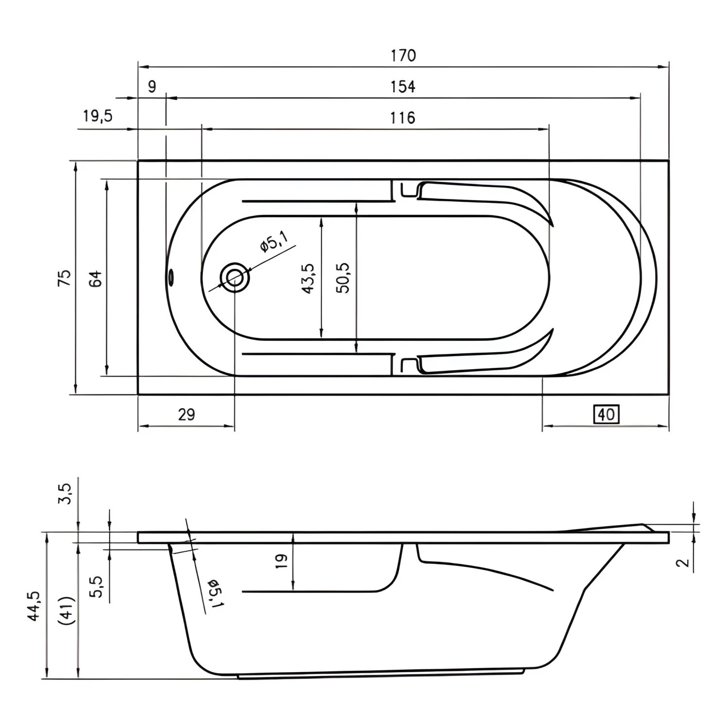 Riho Future Rechteck-Badewanne 170 x 75 cm Bild 3