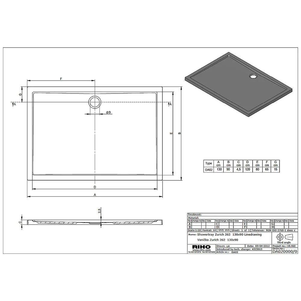Rysunek techniczny brodzika prysznicowego, Riho