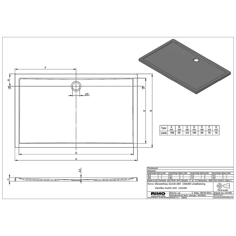 Rysunek techniczny brodzika prysznicowego, Riho