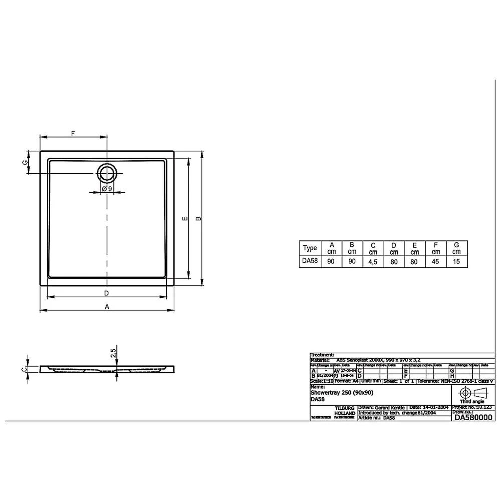 Rysunek techniczny brodzika prysznicowego, Riho