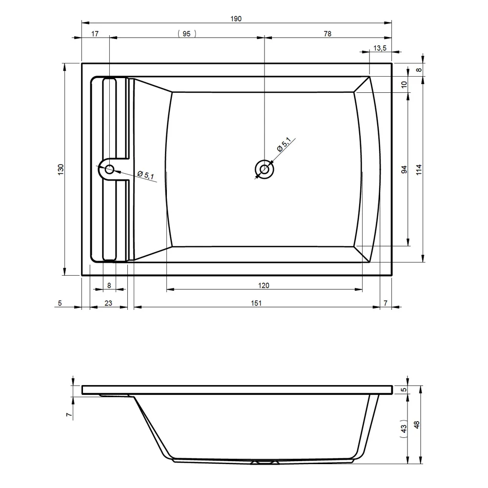 Rysunek techniczny wanny z hydromasażem z wymiarami, Riho