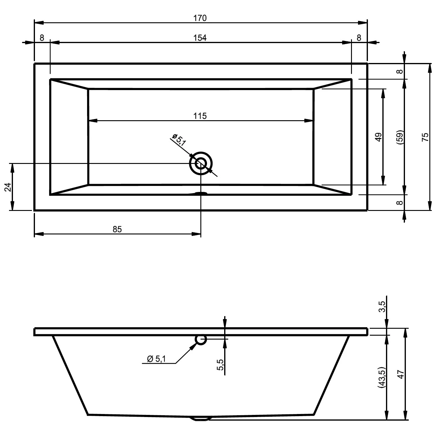 Rysunek techniczny prostokątnego jacuzzi, Riho