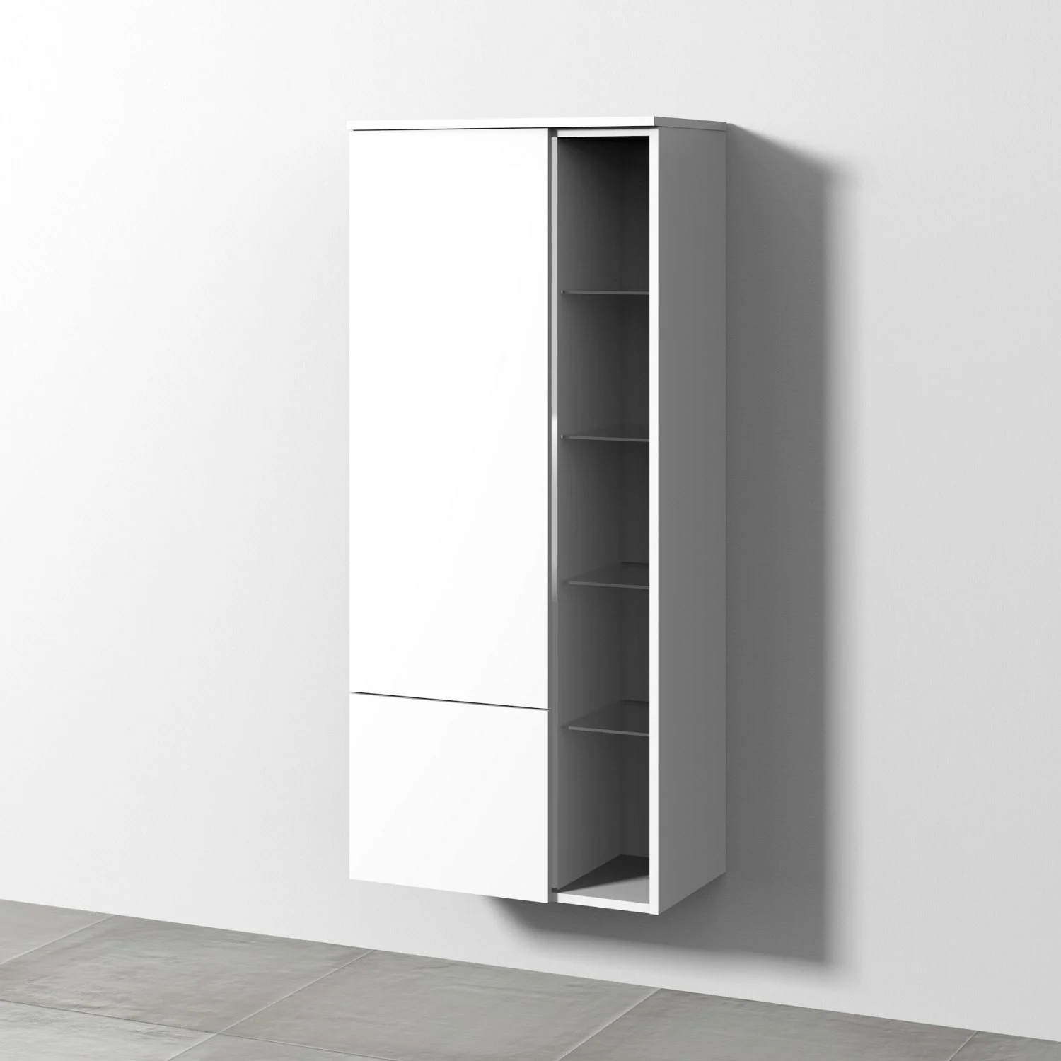 Sanipa 3way Stauraumschrank 60 cm, 1 offenes Fach rechts, 1 Auszug, 1 Tür mit Türanschlag links