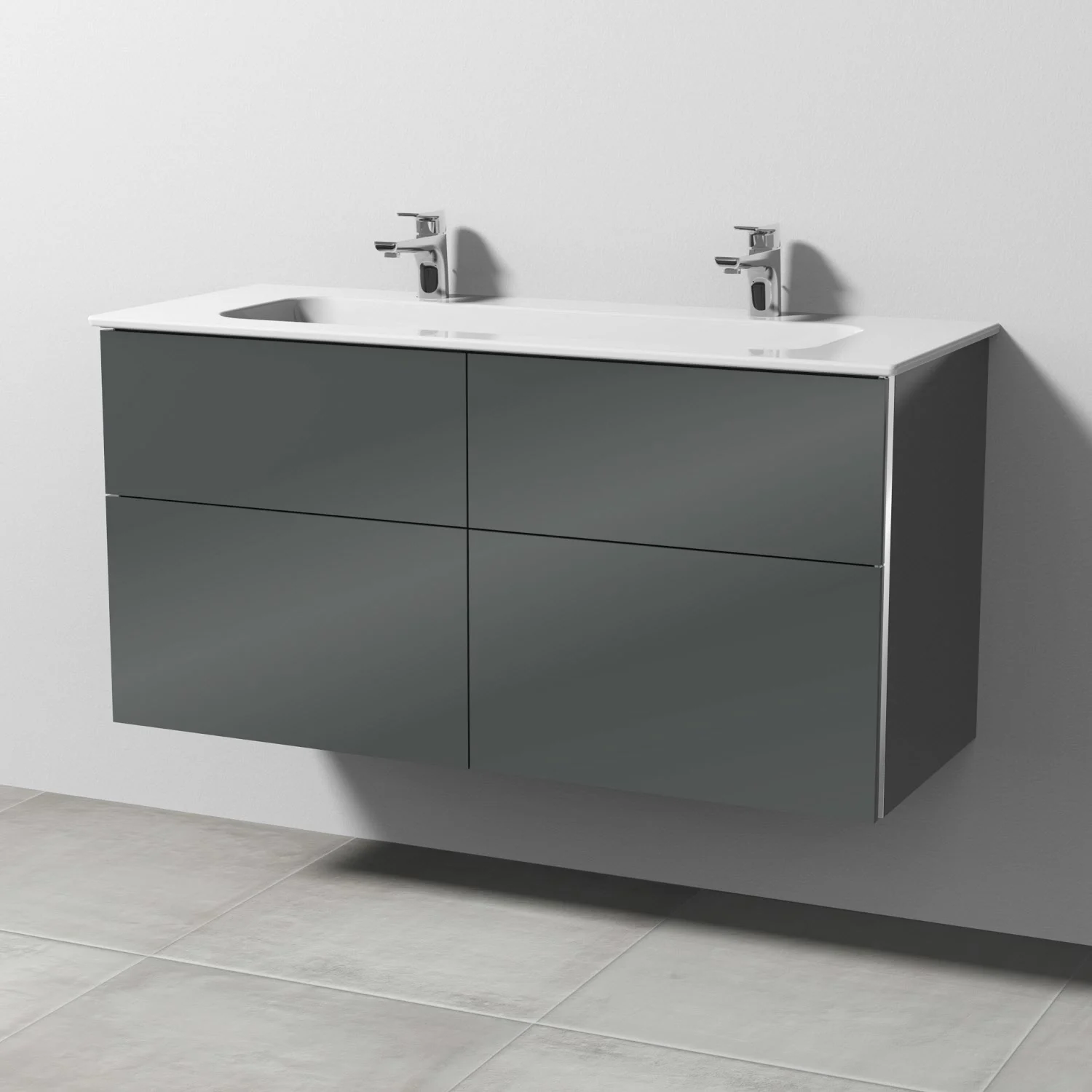 Szara podwójna umywalka z powierzchnią ceramiczną w widoku bocznym, Sanipa