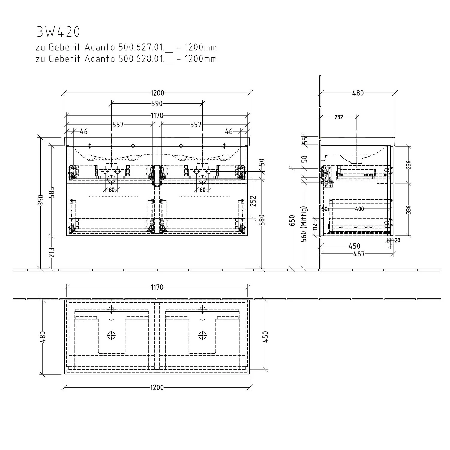 Sanipa 3way Waschtischunterbau für Keramik-Doppelwaschtisch Acanto 120 cm, 4 Auszüge mit Griffleisten Bild 4