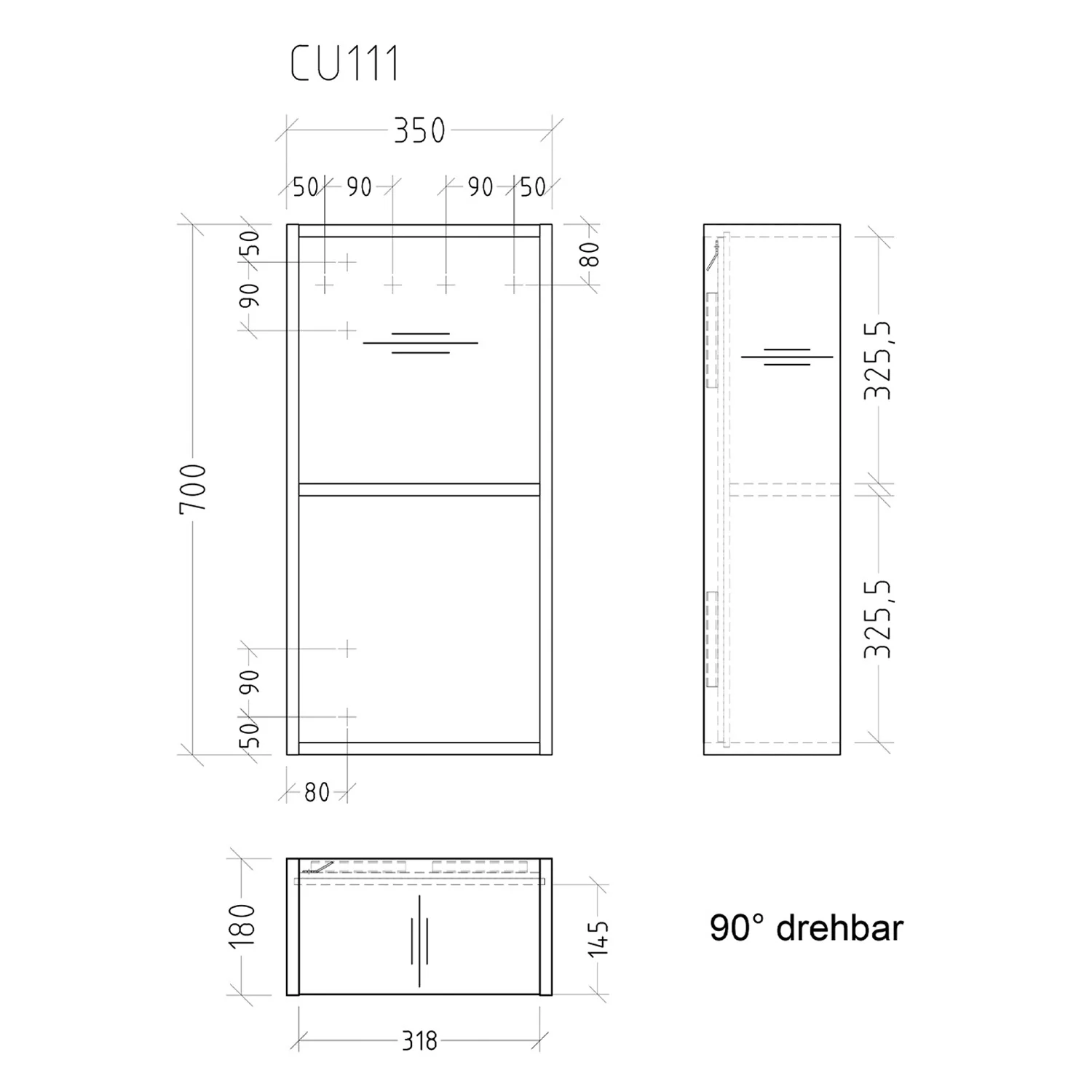 Rysunek techniczny modułu półki z wymiarami, Sanipa