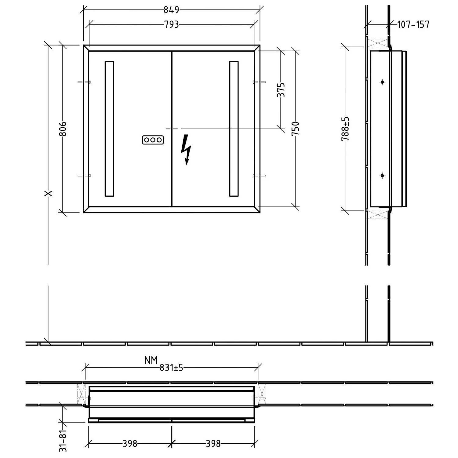 Rysunek techniczny szafki z lustrem z wymiarami, Sanipa