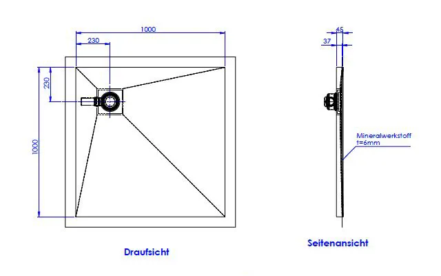Schedel Plan Plus Mineral-Duschelement bodeneben 100 x 100 cm, Eck-Ablauf Bild 2