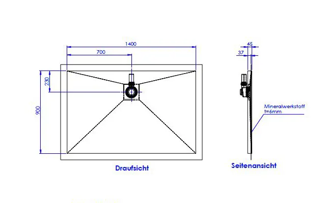 Schedel Plan Plus Mineral-Duschelement bodeneben 140 x 90 cm, Ablauf hinten mittig Bild 2