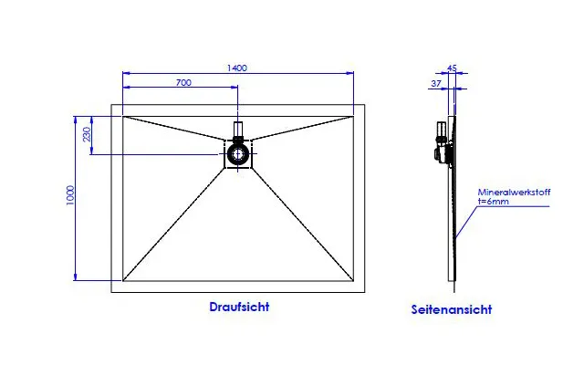 Schedel Plan Plus Mineral-Duschelement bodeneben 140 x 100 cm, Ablauf hinten mittig Bild 2