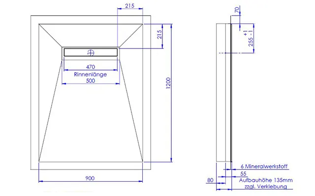 Schedel Plan Plus Mineral-Duschelement bodeneben 90 x 120 cm mit Rinne, Gefälle vierseitig Bild 2