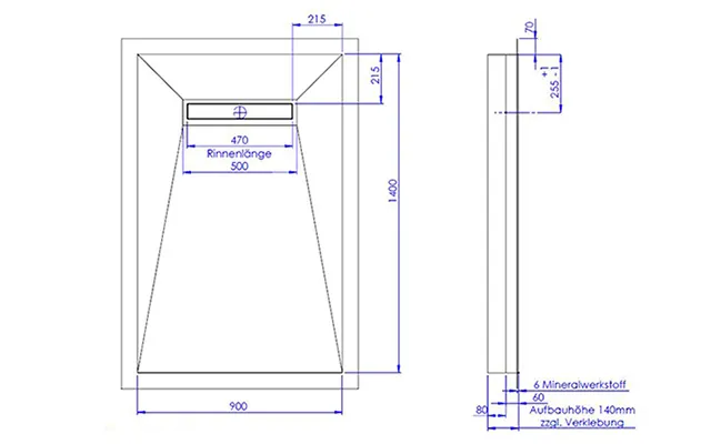 Schedel Plan Plus Mineral-Duschelement bodeneben 90 x 140 cm mit Rinne, Gefälle vierseitig Bild 2