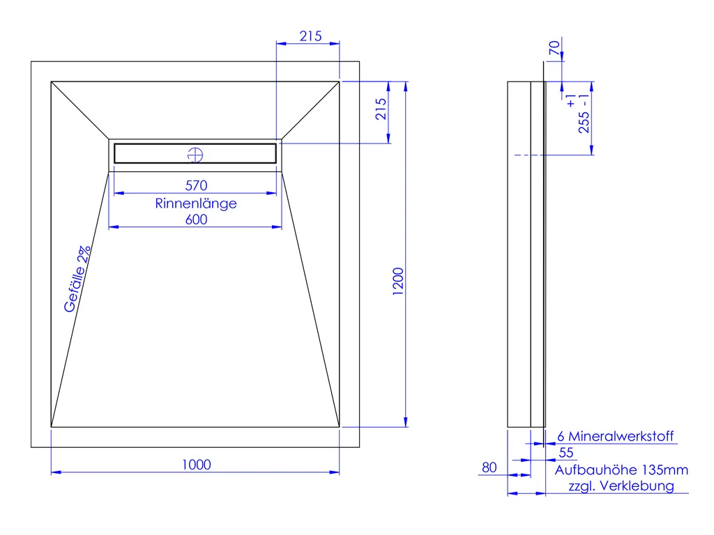 Schedel Plan Plus Mineral-Duschelement bodeneben 100 x 120 cm mit Rinne, Gefälle vierseitig Bild 2