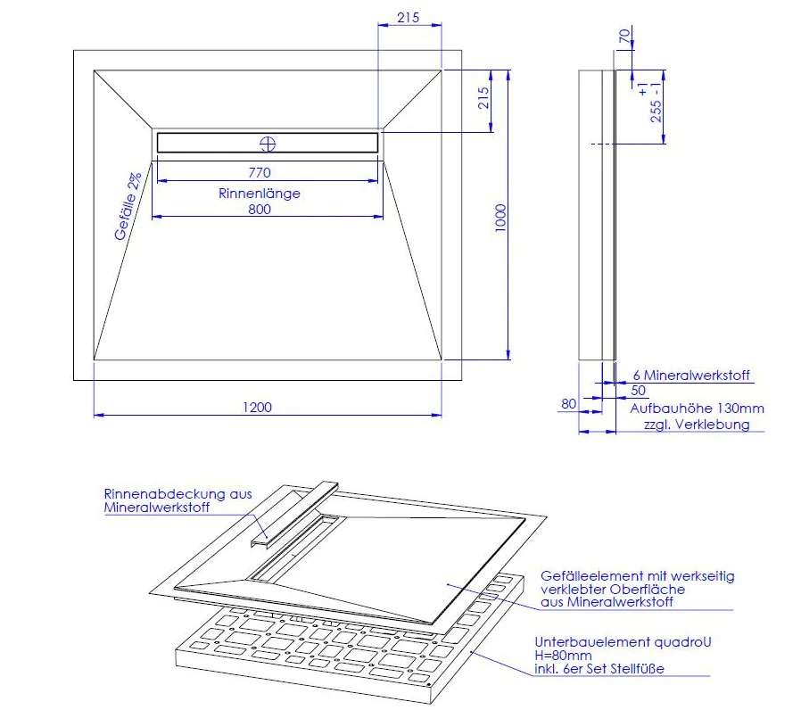 Schedel Plan Plus Mineral-Duschelement bodeneben 120 x 100 cm mit Rinne, Gefälle vierseitig Bild 2