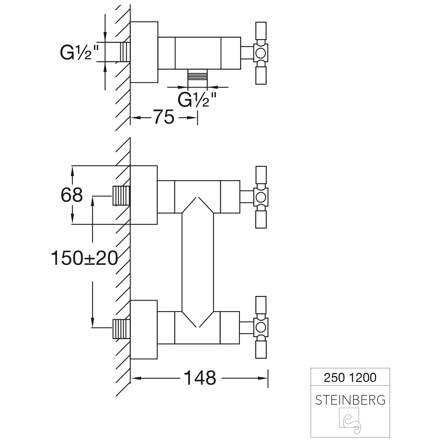Rysunek techniczny baterii prysznicowej z wymiarami, Steinberg