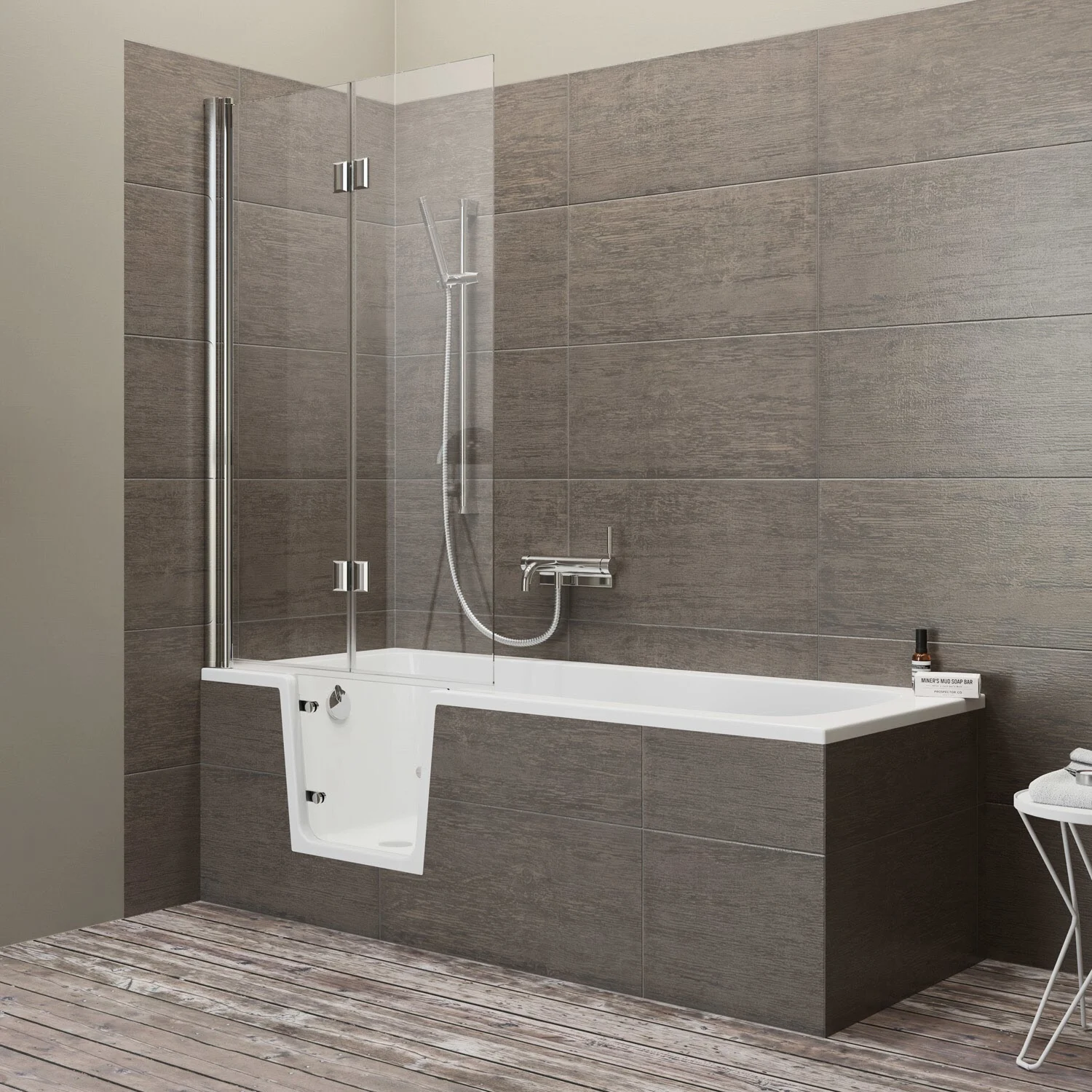 Steinkamp easy entry Badewanne 170 x 75 cm mit Glastür links, Trio Ablauf und Styrodurverkleidung