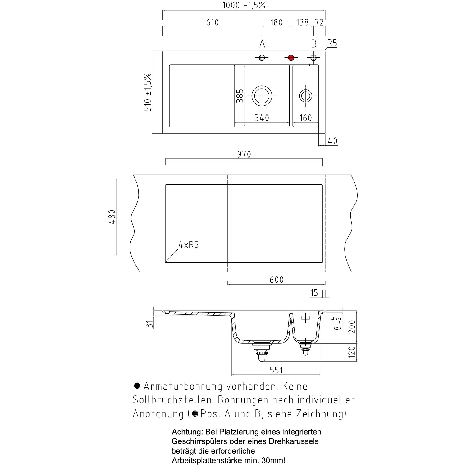 Rysunek techniczny ceramicznego zlewu wpuszczanego z wymiarami, Systemceram