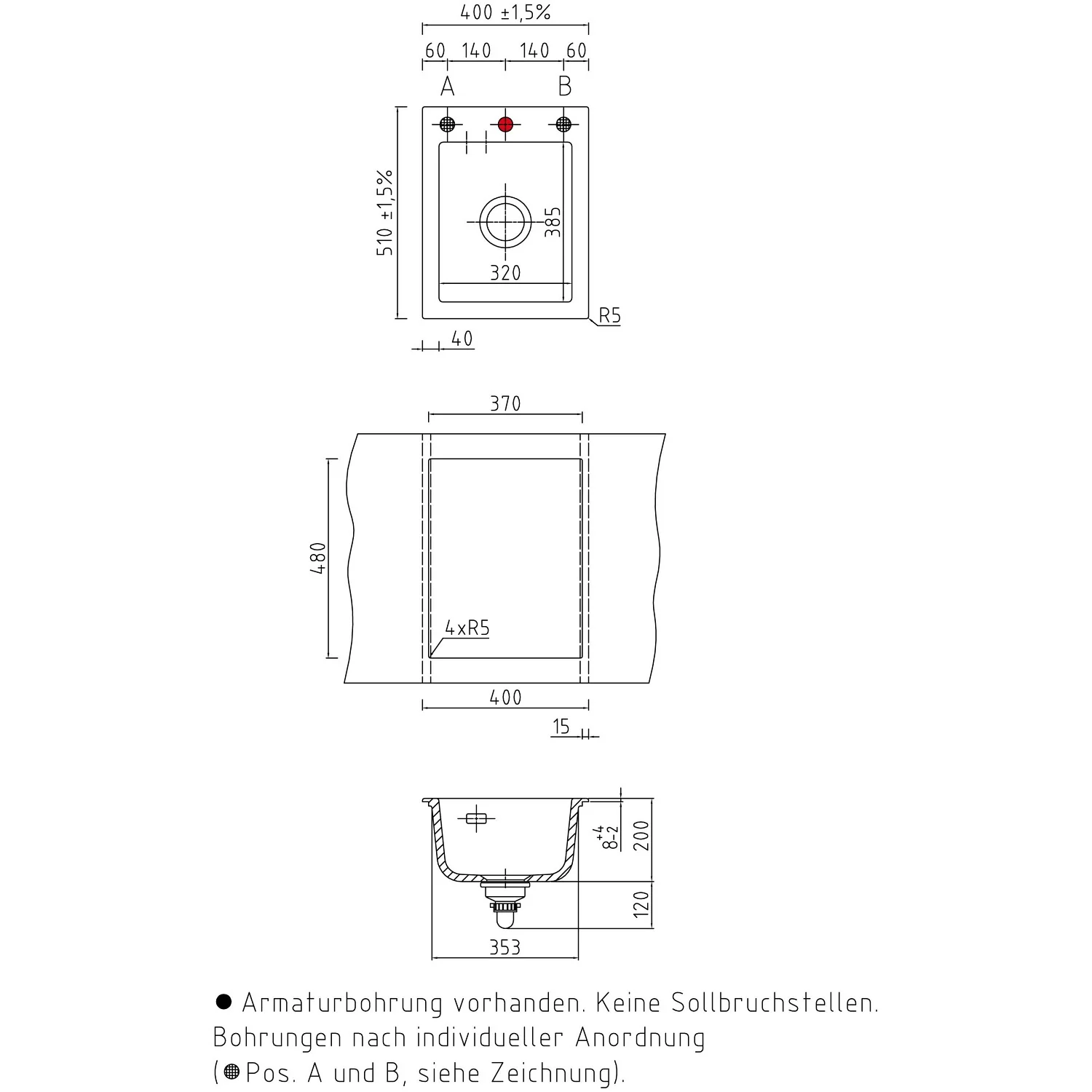 Rysunek techniczny ceramicznego zlewu wpuszczanego, Systemceram