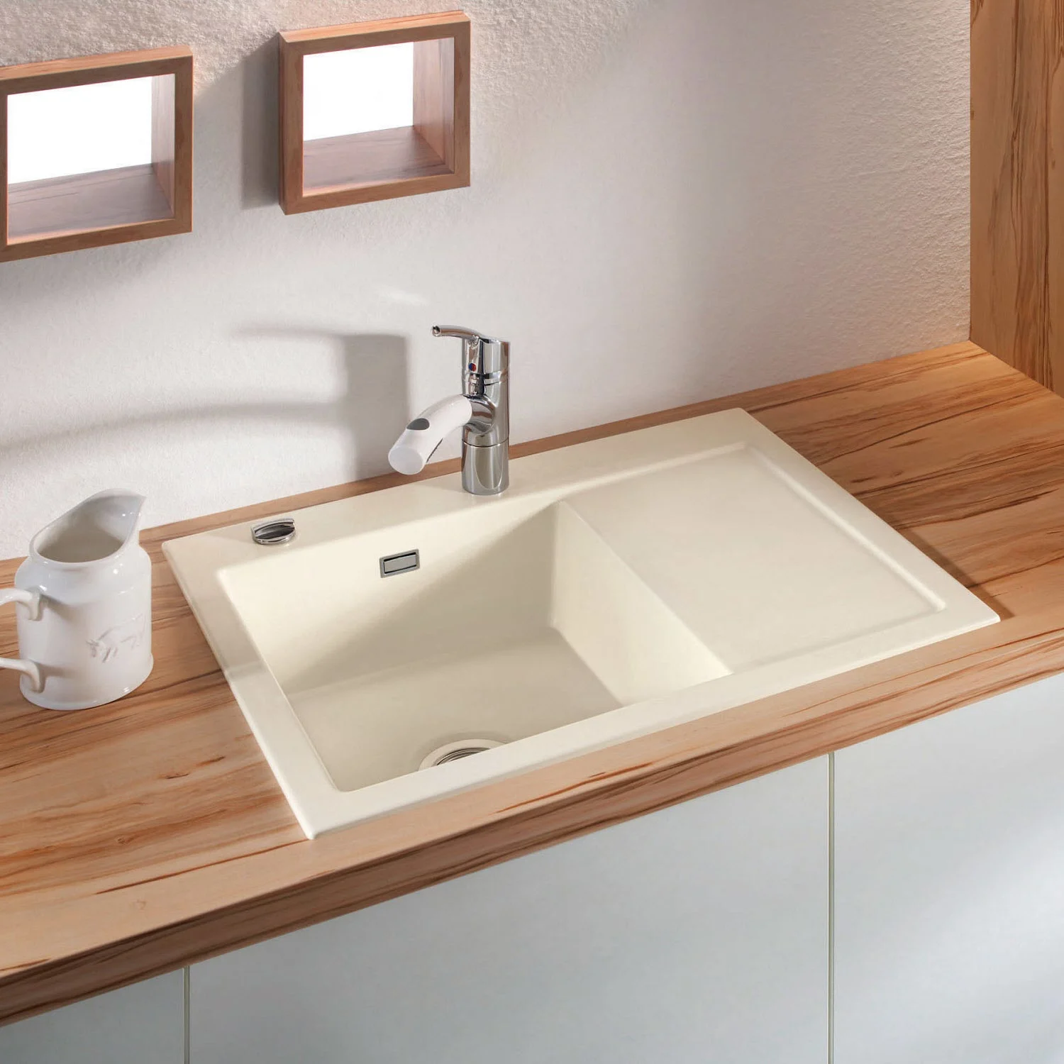 Zlewozmywak ceramiczny zamontowany w drewnianym blacie, Systemceram