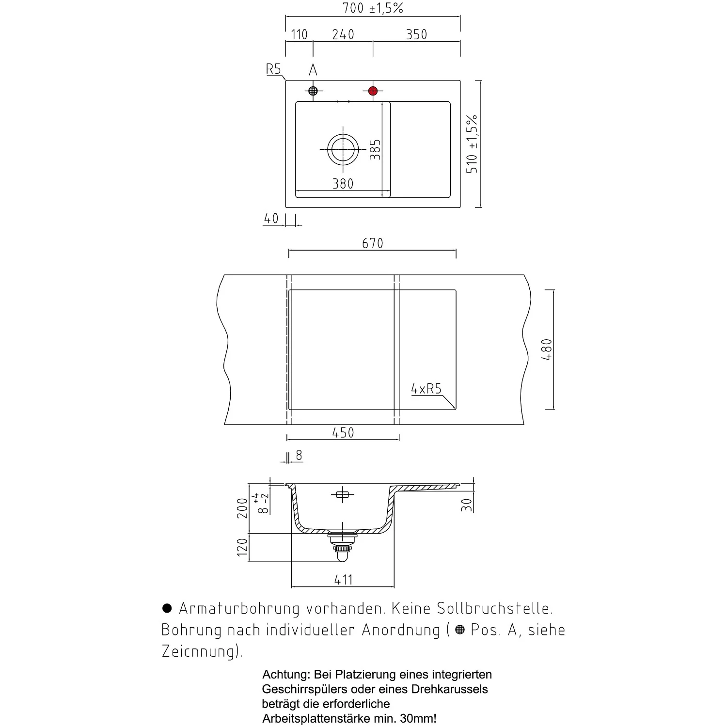 Rysunek techniczny ceramicznego zlewu wpuszczanego z wymiarami, Systemceram
