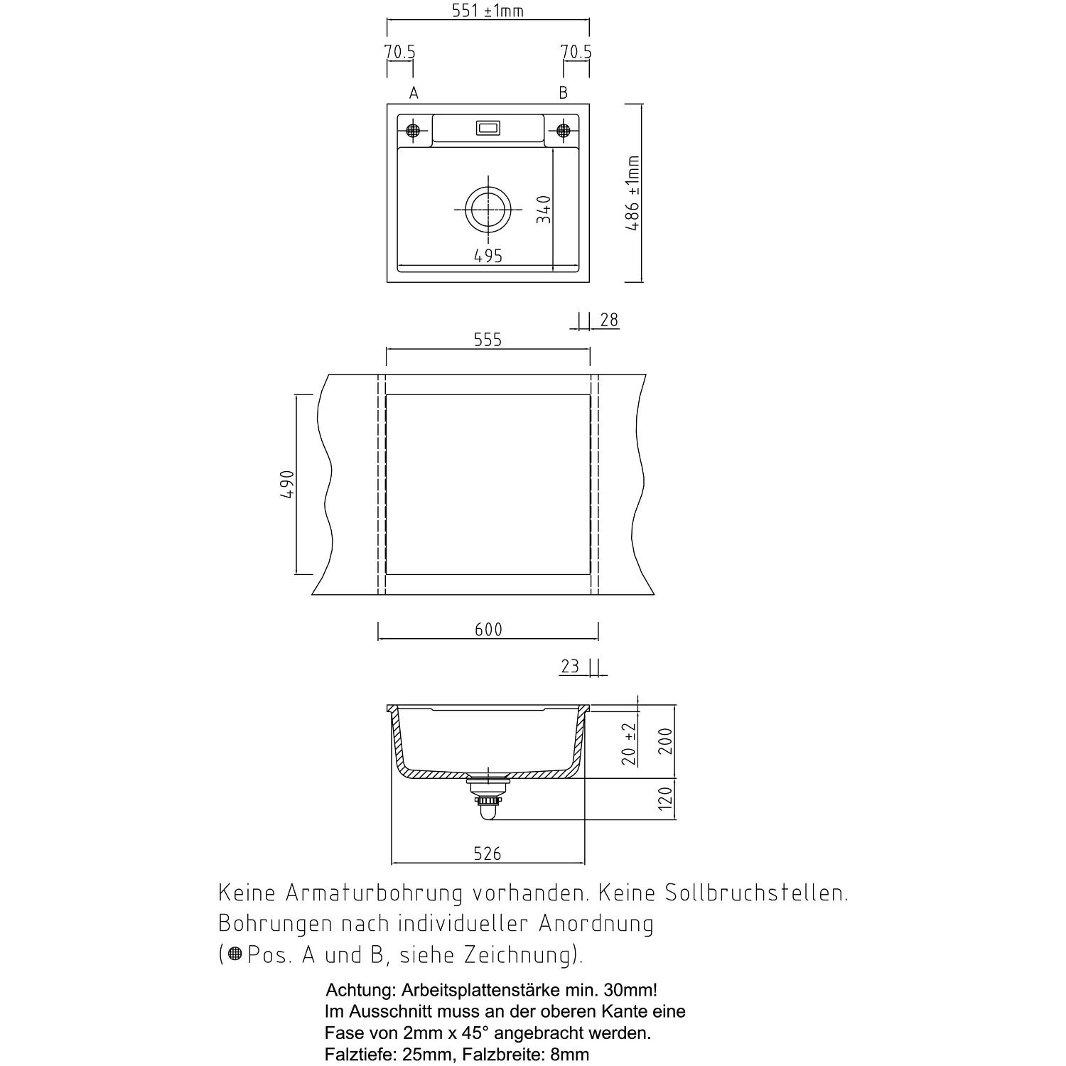 Rysunek techniczny zlewu ceramicznego z wymiarami, Systemceram