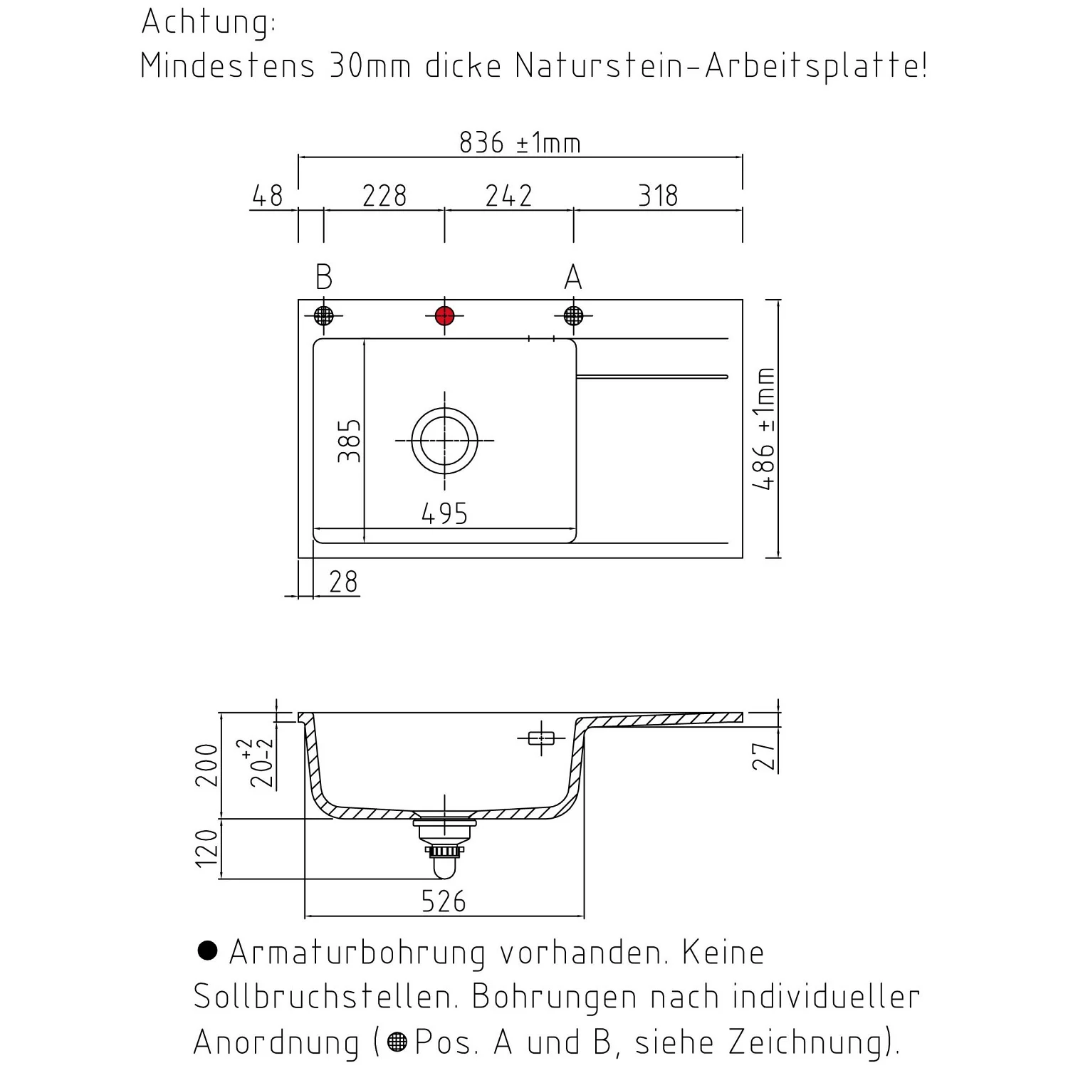 Rysunek techniczny zlewu ceramicznego z wymiarami, Systemceram