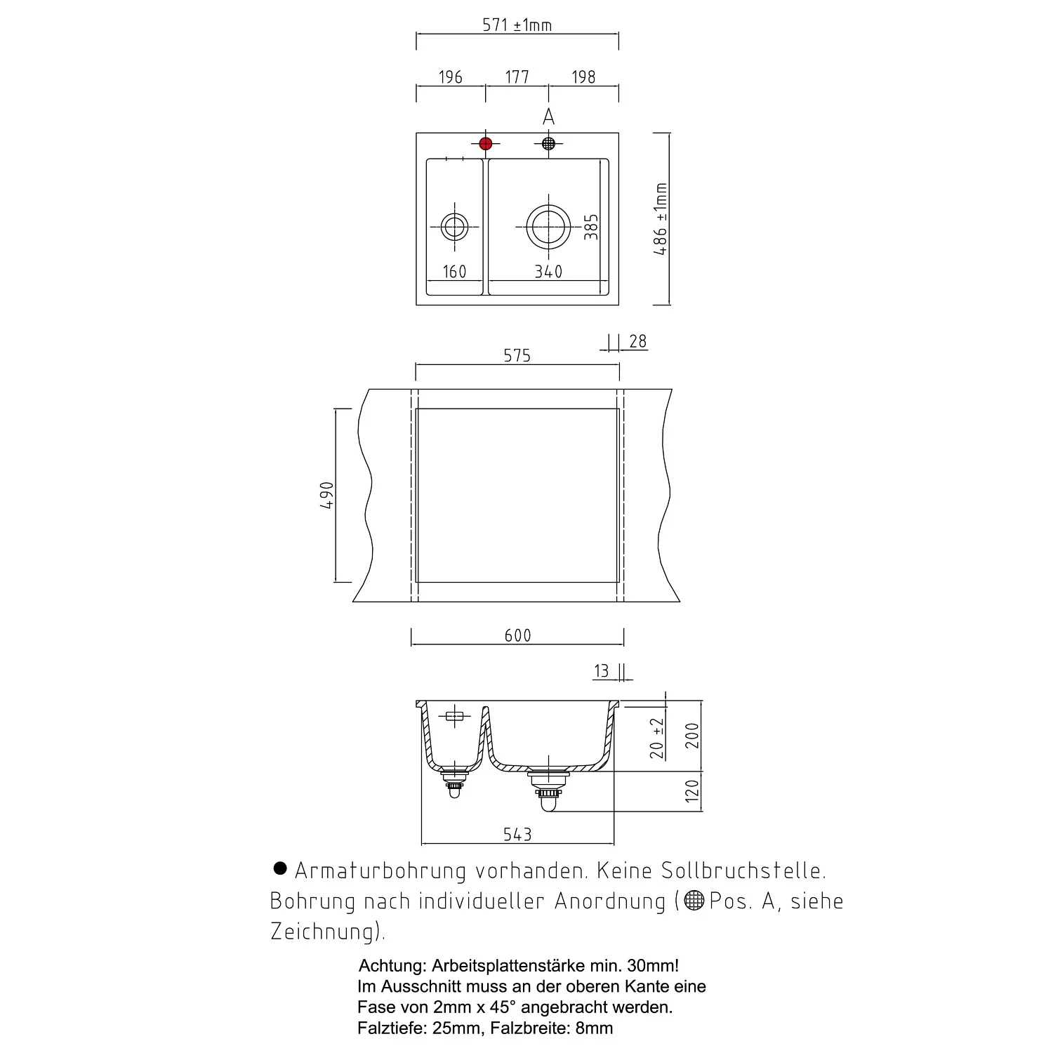 Rysunek techniczny zlewu ceramicznego z wymiarami, Systemceram