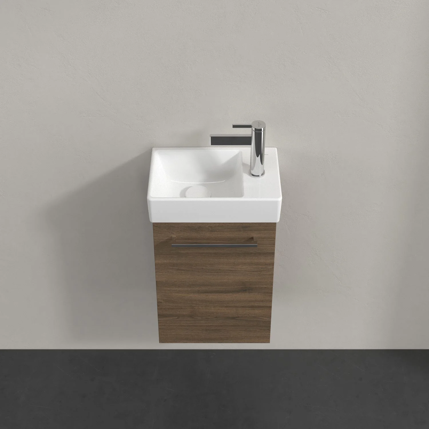 Umywalka z drewnianą szafką z bliska, Villeroy & Boch
