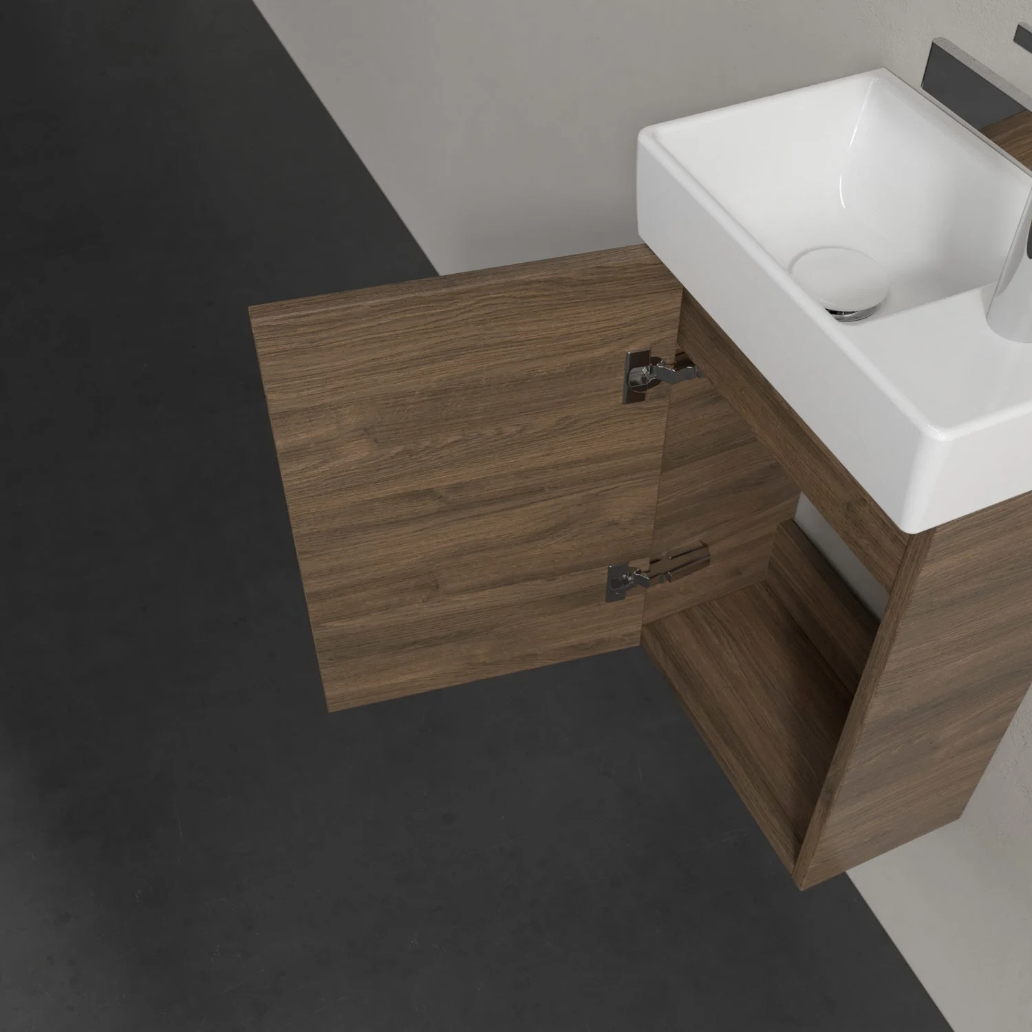 Umywalka z drewnianą szafką z bliska, Villeroy & Boch