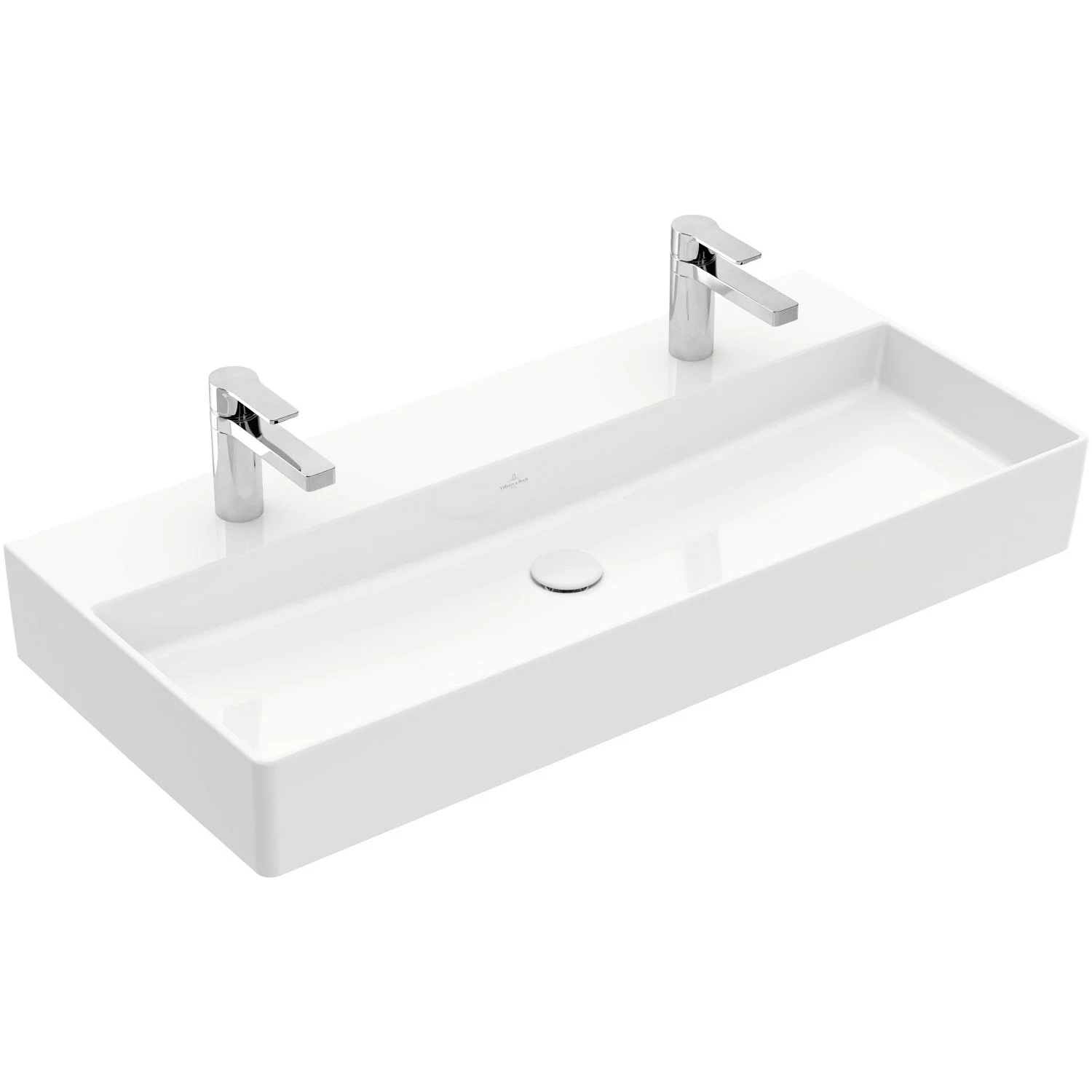 Biała umywalka z przodu z dwoma kranami, Villeroy & Boch
